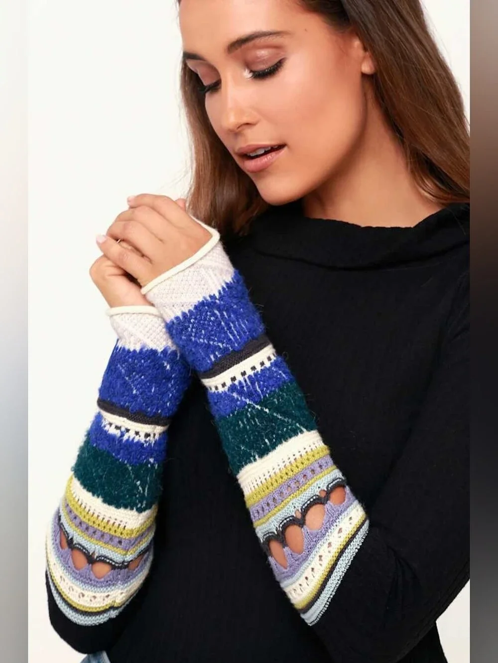 Free People Mixed Up Cuff Black Thermal Long Sleeve Top